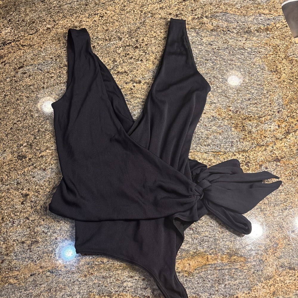 NBD Black Bodysuit – Deep V Front, Wrap Design,‎ Sleeveless – Size Large